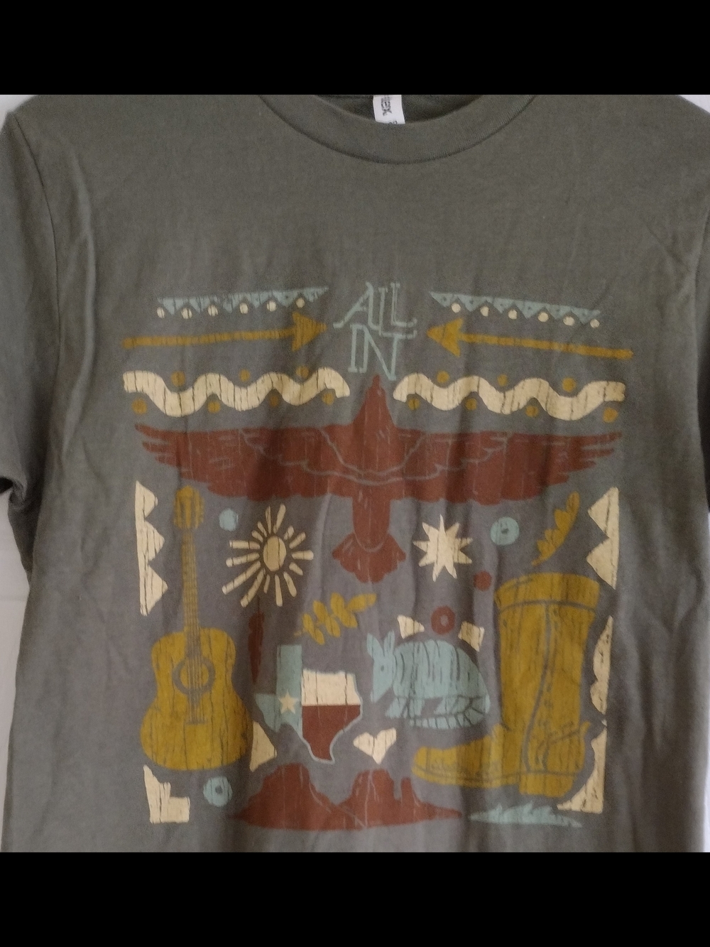 Tultex Olive Green western Style Graphic Tee with Texas Guitar Armadillo